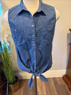 Anne Klein Sleeveless Tie-Front Denim Shirt - Blue